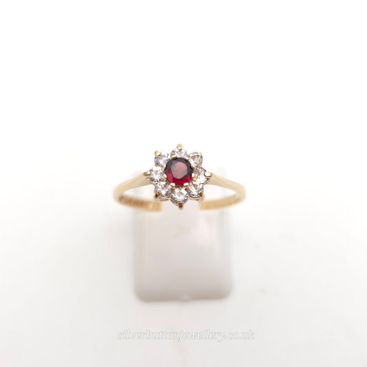 9ct Yellow Gold Traditional Round Cut Garnet And While Stone Cluster Ring
