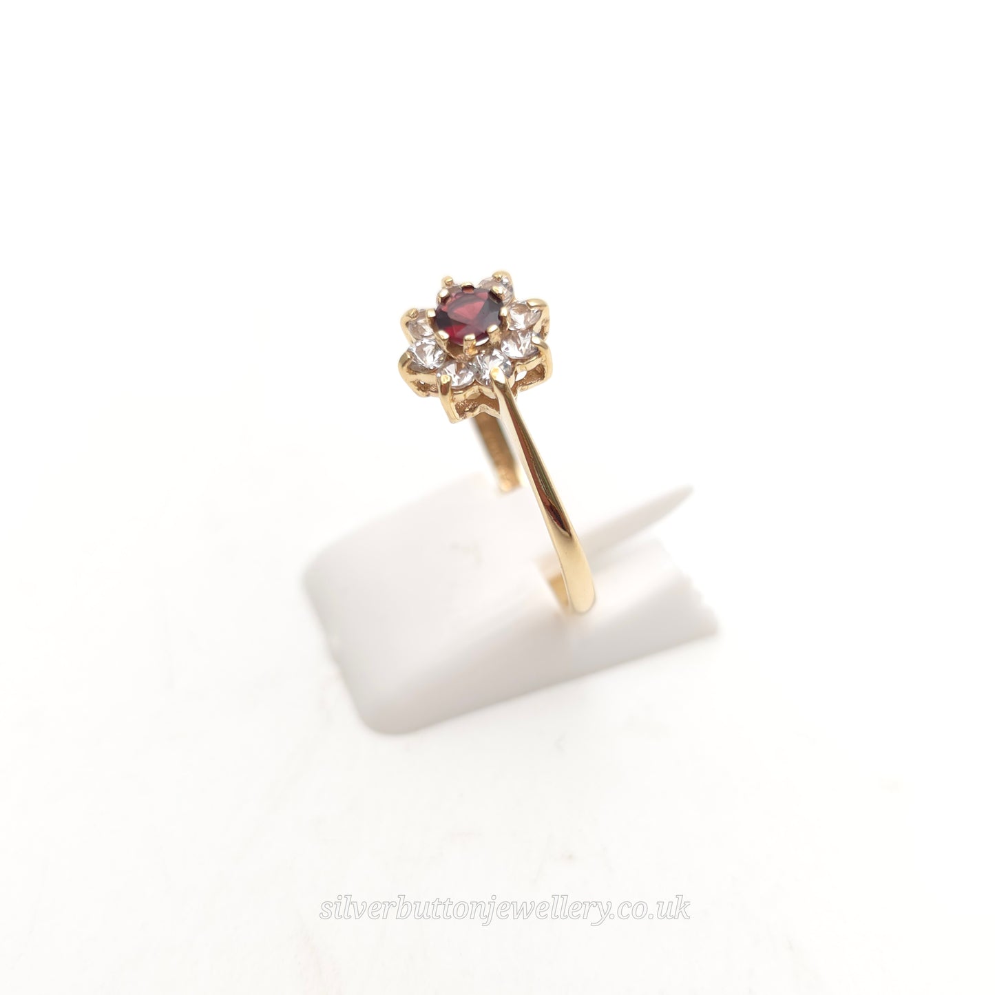 9ct Yellow Gold Traditional Round Cut Garnet And While Stone Cluster Ring