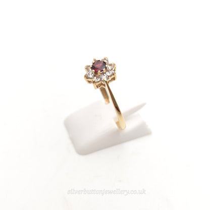 9ct Yellow Gold Traditional Round Cut Garnet And While Stone Cluster Ring