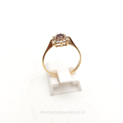 9ct Yellow Gold Traditional Round Cut Garnet And While Stone Cluster Ring