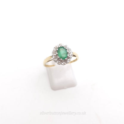 9ct Yellow Gold Vintage Oval Cut Emerald And Illusion Set Diamond Cluster Ring