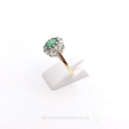 9ct Yellow Gold Vintage Oval Cut Emerald And Illusion Set Diamond Cluster Ring