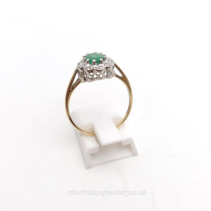 9ct Yellow Gold Vintage Oval Cut Emerald And Illusion Set Diamond Cluster Ring