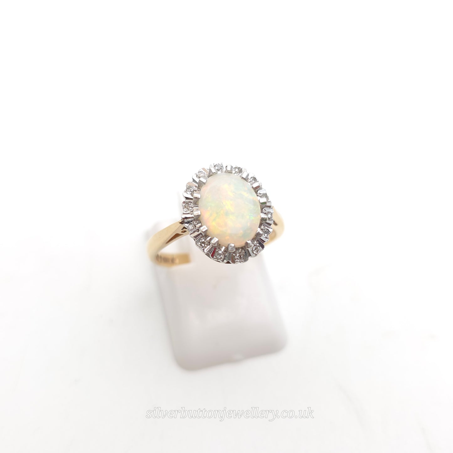 9ct Yellow Gold Vintage Oval Cabochon Cut Opal With Illusion Set Diamond Ring