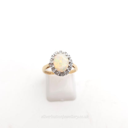 9ct Yellow Gold Vintage Oval Cabochon Cut Opal With Illusion Set Diamond Ring