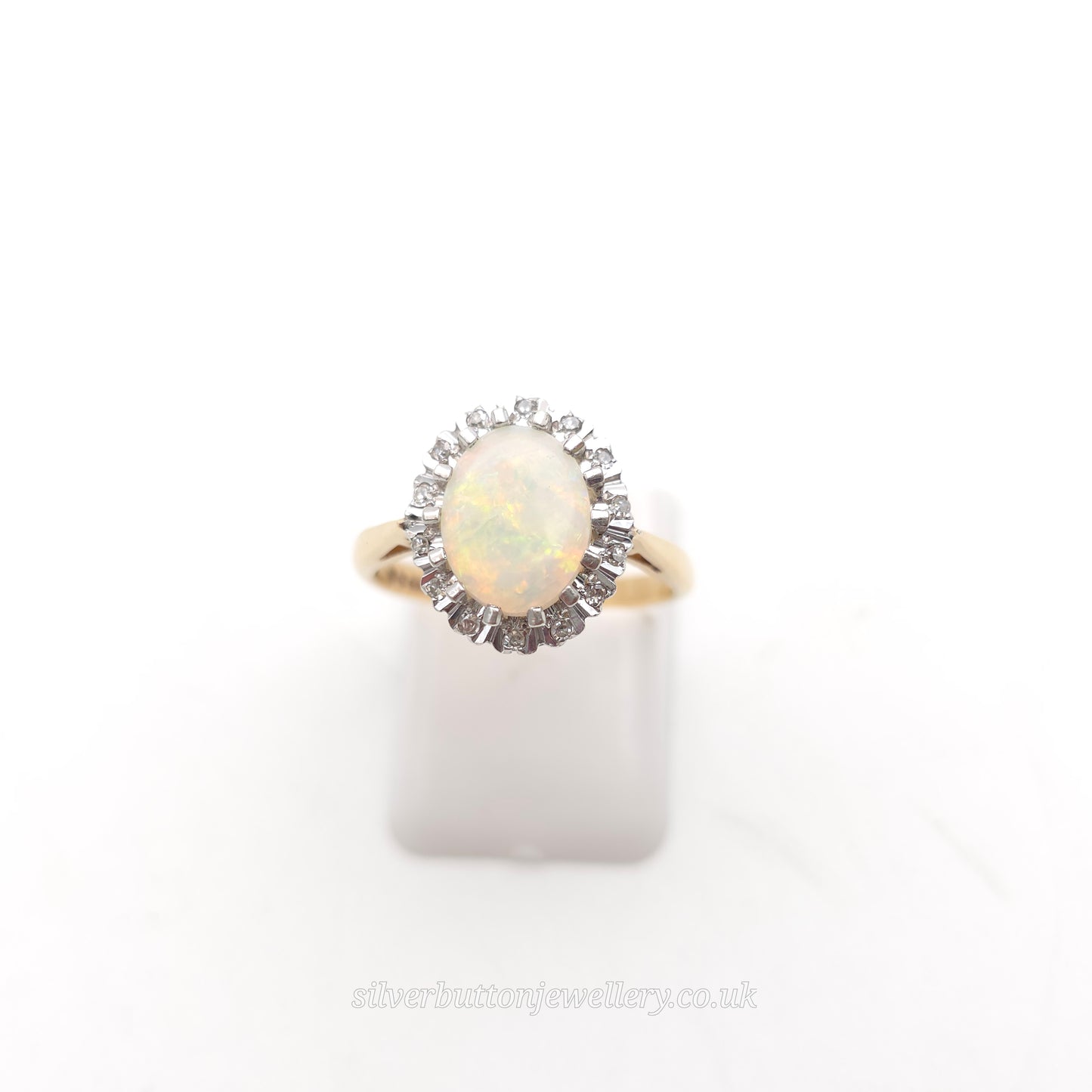 9ct Yellow Gold Vintage Oval Cabochon Cut Opal With Illusion Set Diamond Ring