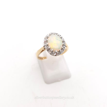 9ct Yellow Gold Vintage Oval Cabochon Cut Opal With Illusion Set Diamond Ring