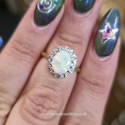 9ct Yellow Gold Vintage Oval Cabochon Cut Opal With Illusion Set Diamond Ring