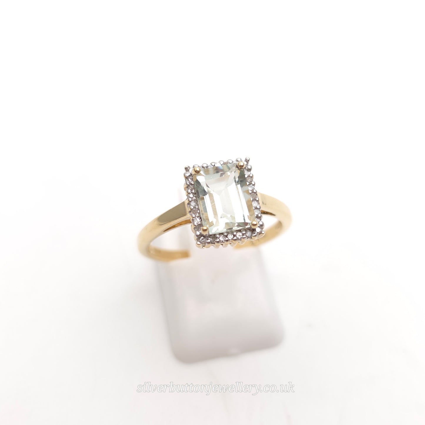 9ct Yellow Gold Emerald Cut Praseolite And Diamond Halo Cluster Ring