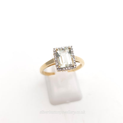 9ct Yellow Gold Emerald Cut Praseolite And Diamond Halo Cluster Ring