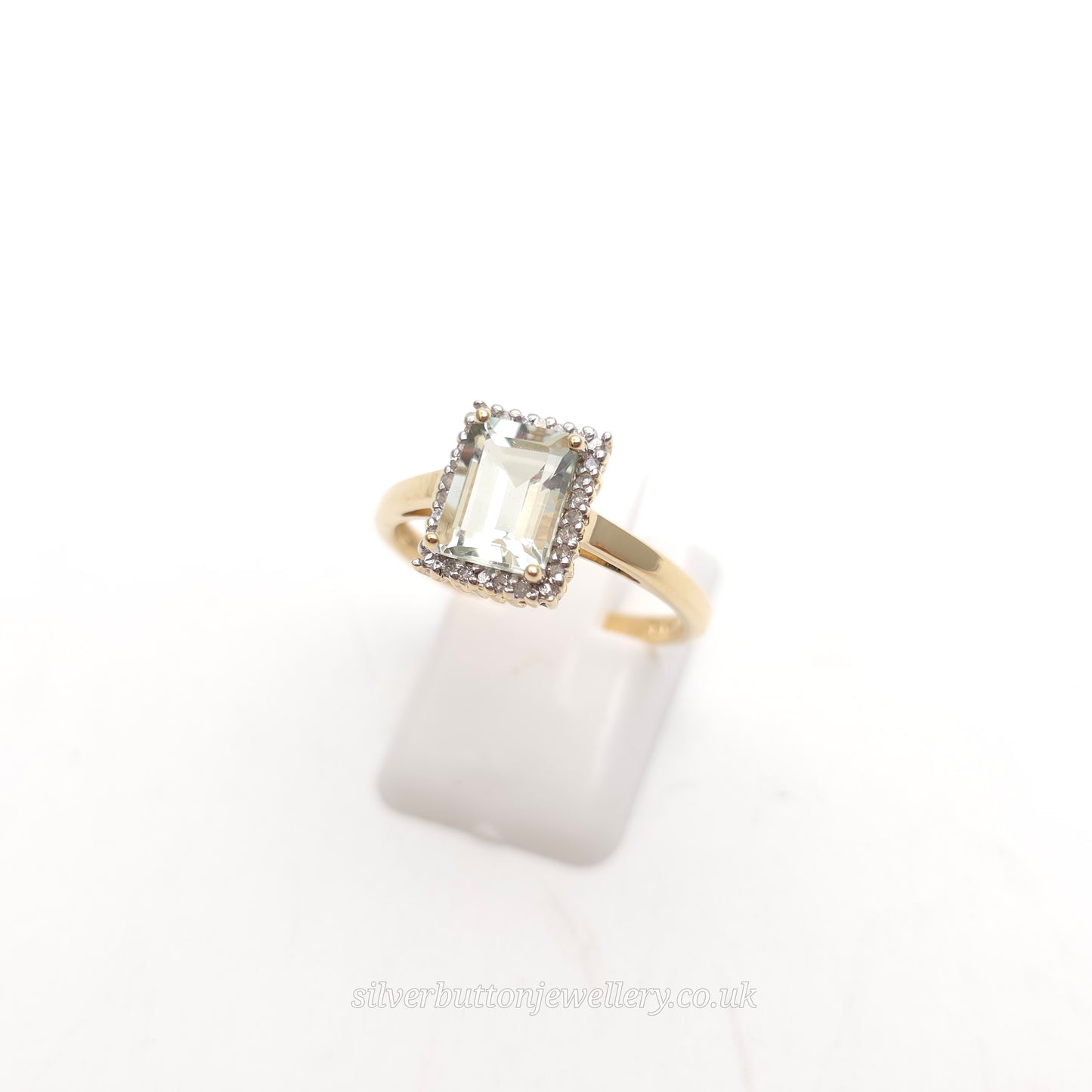 9ct Yellow Gold Emerald Cut Praseolite And Diamond Halo Cluster Ring