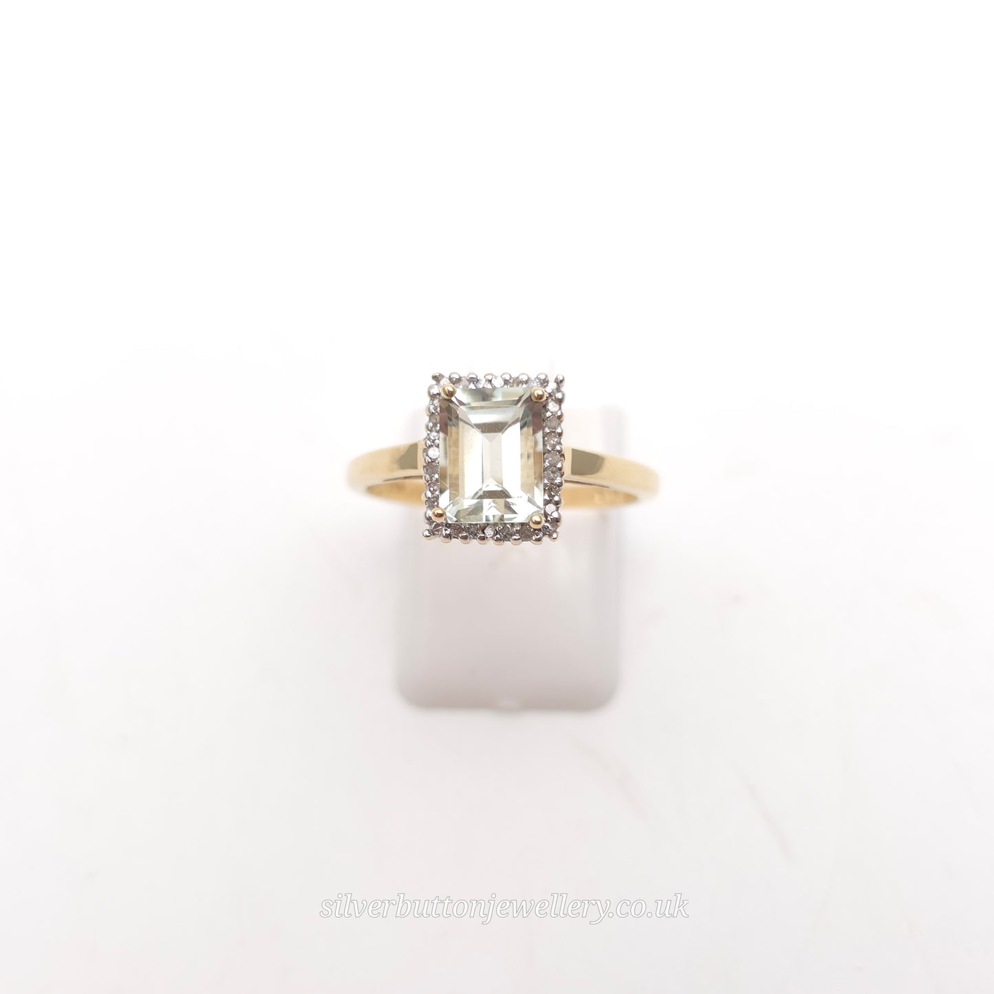 9ct Yellow Gold Emerald Cut Praseolite And Diamond Halo Cluster Ring
