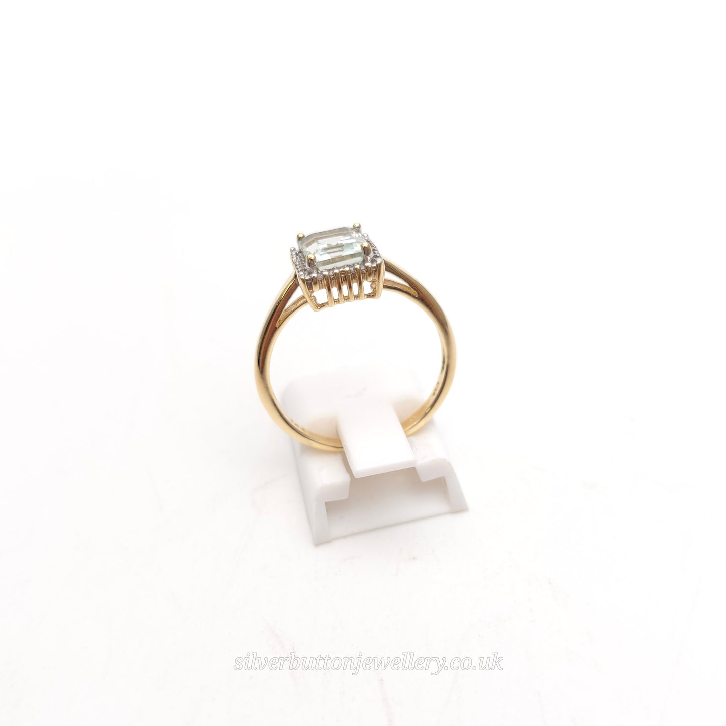 9ct Yellow Gold Emerald Cut Praseolite And Diamond Halo Cluster Ring