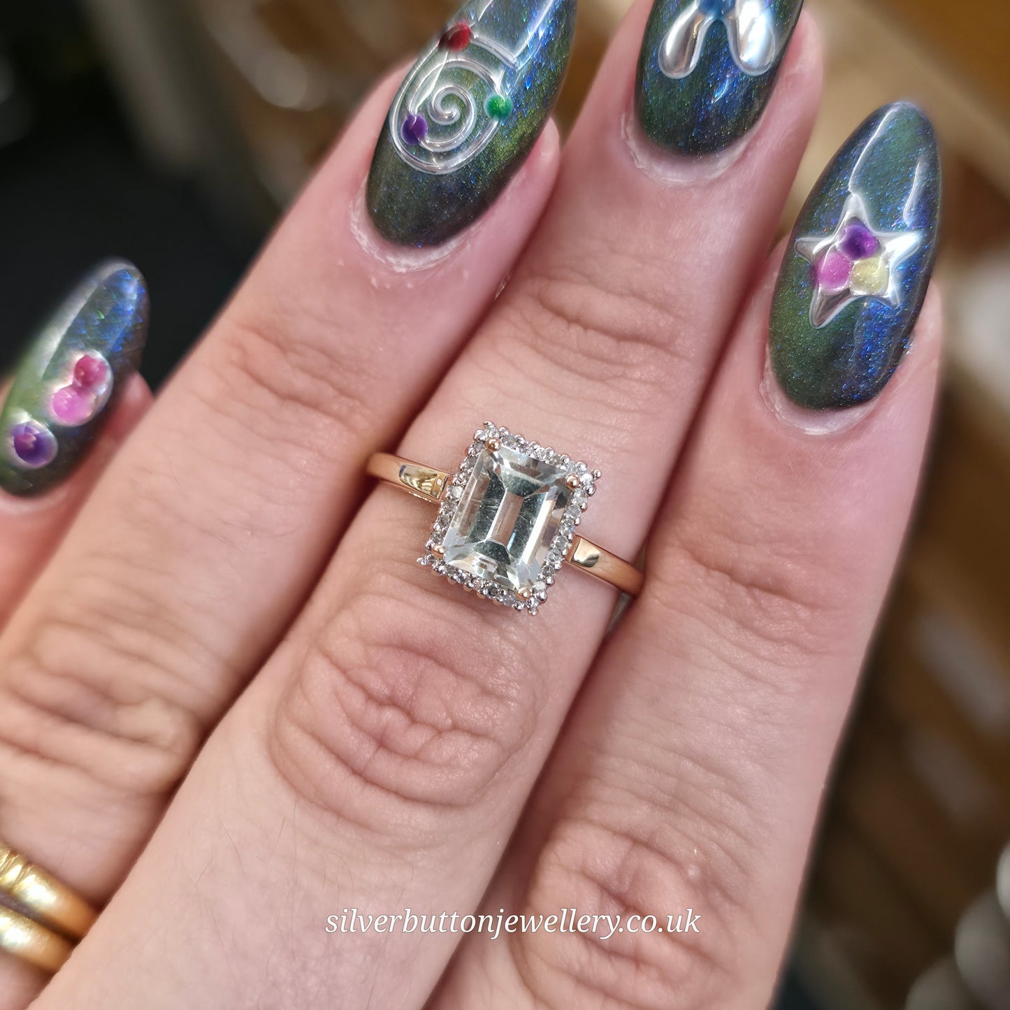 9ct Yellow Gold Emerald Cut Praseolite And Diamond Halo Cluster Ring