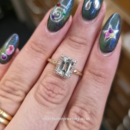 9ct Yellow Gold Emerald Cut Praseolite And Diamond Halo Cluster Ring