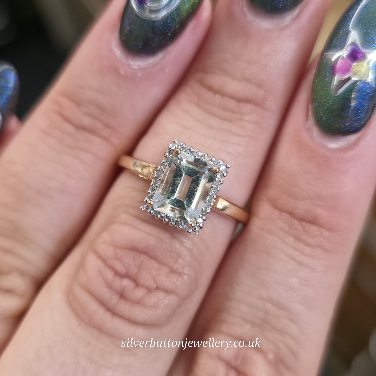 9ct Yellow Gold Emerald Cut Praseolite And Diamond Halo Cluster Ring