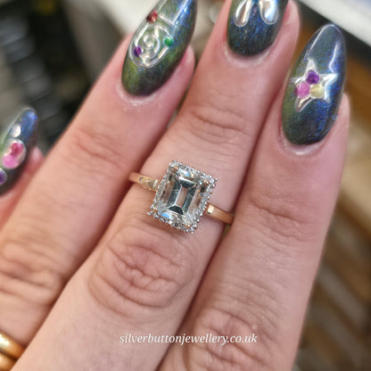 9ct Yellow Gold Emerald Cut Praseolite And Diamond Halo Cluster Ring