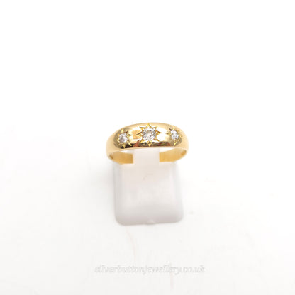 18ct Yellow Gold Antique Three Diamond Trilogy Star Set Gypsy Style Ring