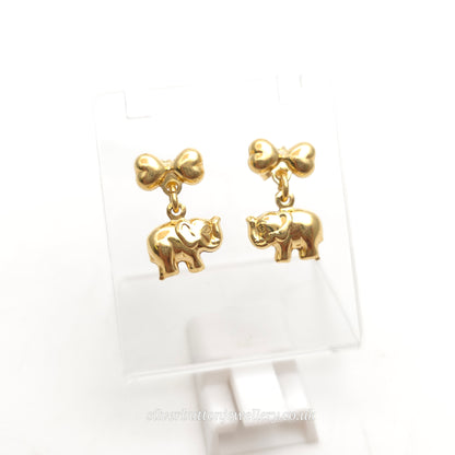 18ct Yellow Gold Hollow Mini Elephant and Bow Dangle / Drop Earrings