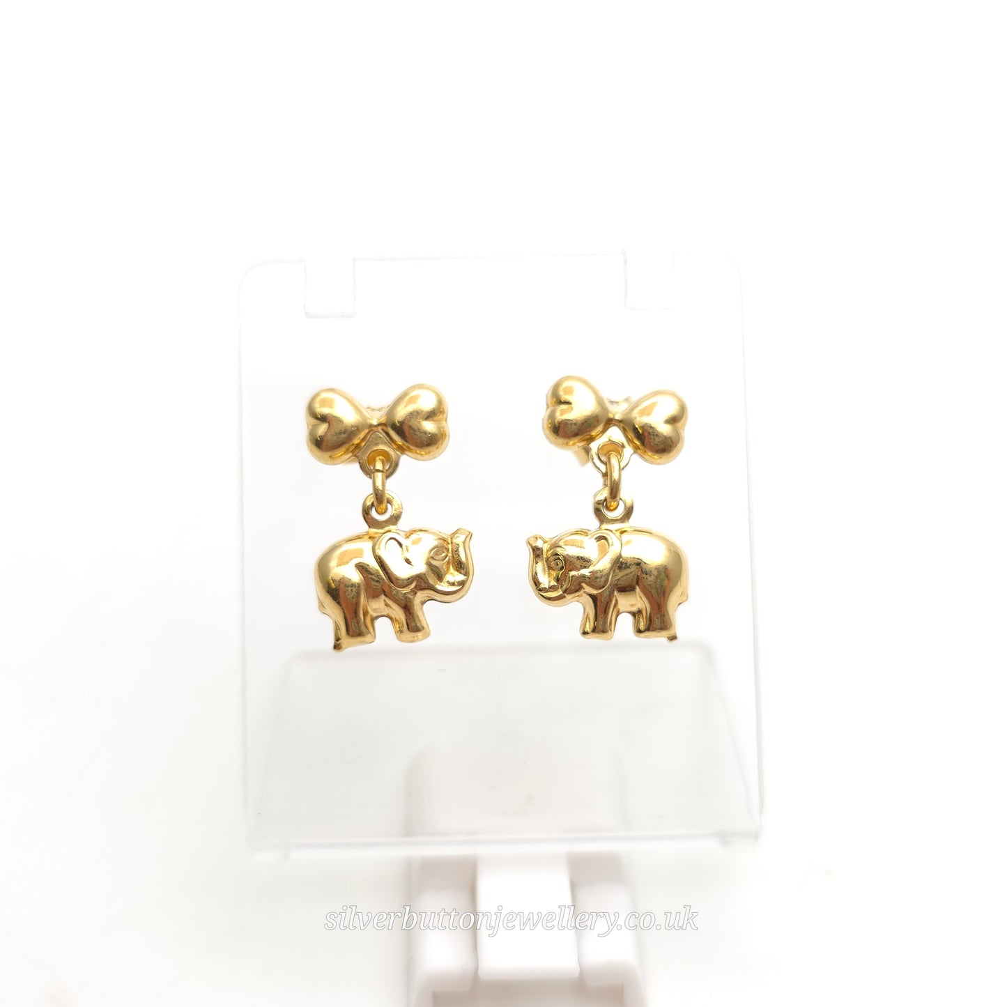 18ct Yellow Gold Hollow Mini Elephant and Bow Dangle / Drop Earrings