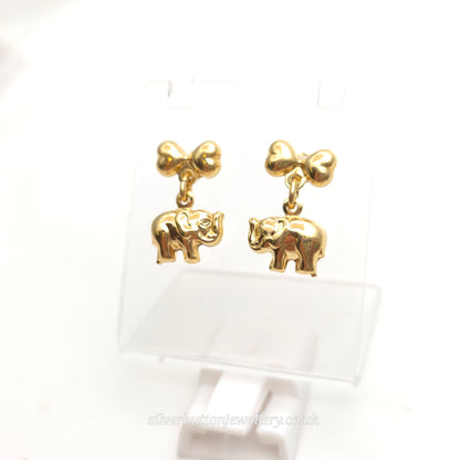 18ct Yellow Gold Hollow Mini Elephant and Bow Dangle / Drop Earrings