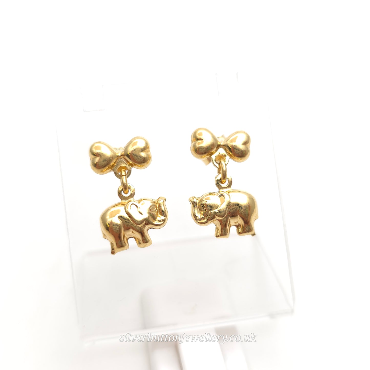 18ct Yellow Gold Hollow Mini Elephant and Bow Dangle / Drop Earrings