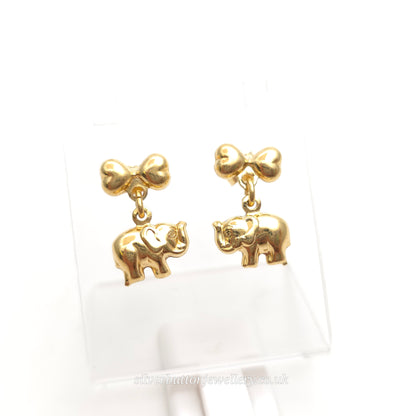 18ct Yellow Gold Hollow Mini Elephant and Bow Dangle / Drop Earrings