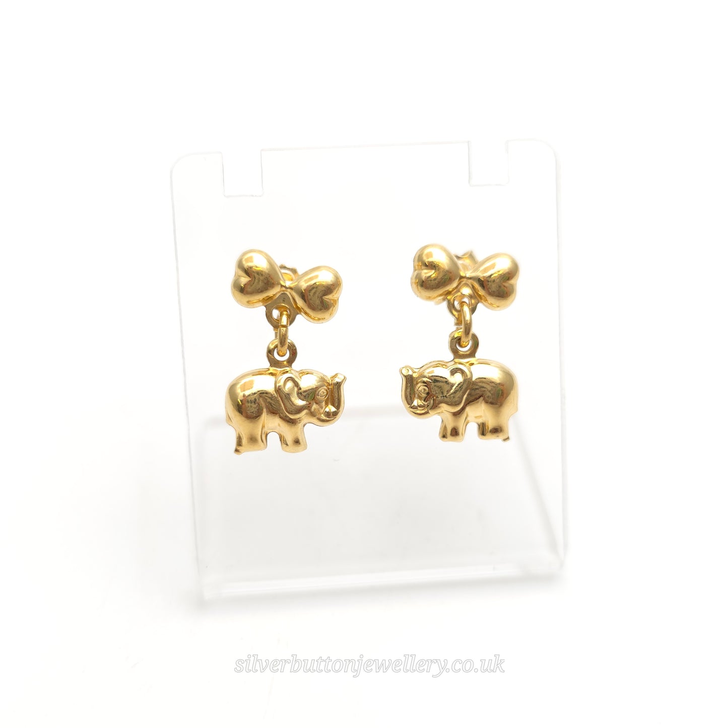 18ct Yellow Gold Hollow Mini Elephant and Bow Dangle / Drop Earrings