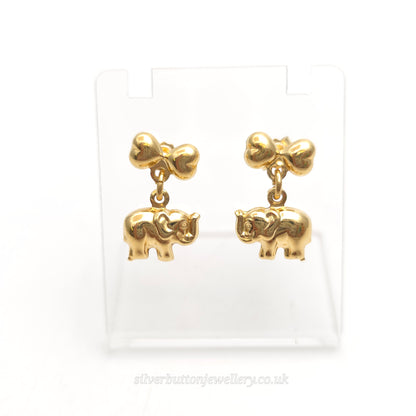 18ct Yellow Gold Hollow Mini Elephant and Bow Dangle / Drop Earrings