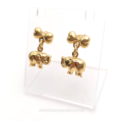 18ct Yellow Gold Hollow Mini Elephant and Bow Dangle / Drop Earrings