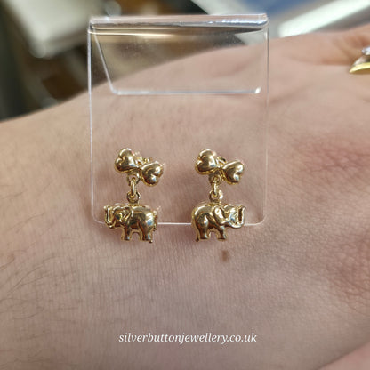 18ct Yellow Gold Hollow Mini Elephant and Bow Dangle / Drop Earrings