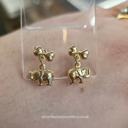 18ct Yellow Gold Hollow Mini Elephant and Bow Dangle / Drop Earrings