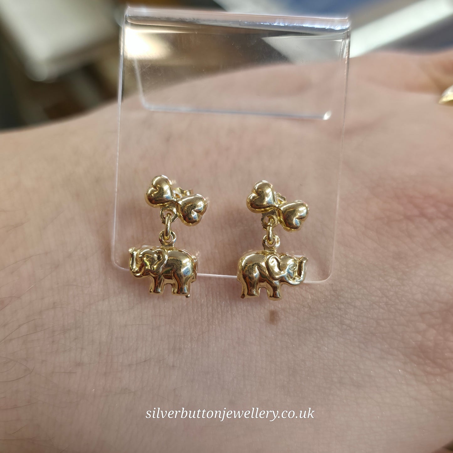 18ct Yellow Gold Hollow Mini Elephant and Bow Dangle / Drop Earrings