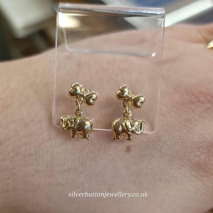 18ct Yellow Gold Hollow Mini Elephant and Bow Dangle / Drop Earrings