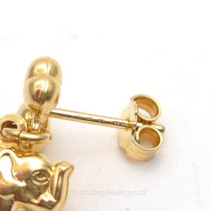 18ct Yellow Gold Hollow Mini Elephant and Bow Dangle / Drop Earrings