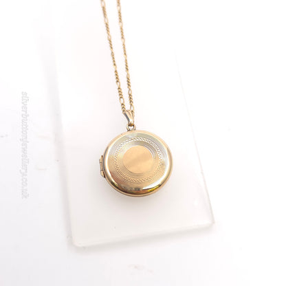 9ct Yellow Gold Vintage Round Engraved Locket On Figaro Chain 16"