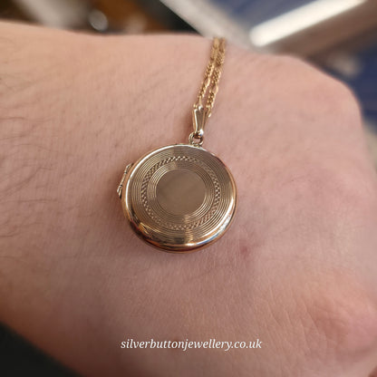 9ct Yellow Gold Vintage Round Engraved Locket On Figaro Chain 16"