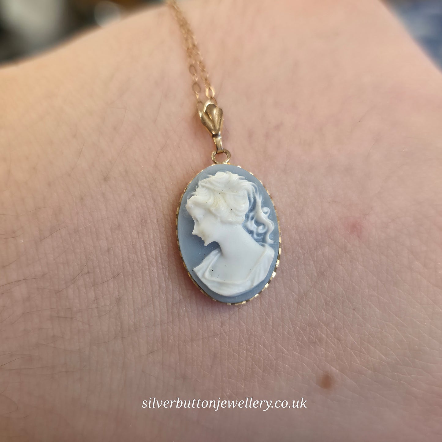 9ct Yellow Gold Vintage Blue And White Oval Wedgewood Panel Necklace