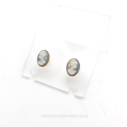 9ct Yellow Gold Small Oval Wedgewood Style Lady Panel Stud Earrings