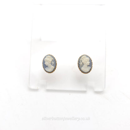 9ct Yellow Gold Small Oval Wedgewood Style Lady Panel Stud Earrings