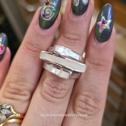 Sterling Silver Chunky Abstract Three Row Mother Of Pearl Abstract Ring