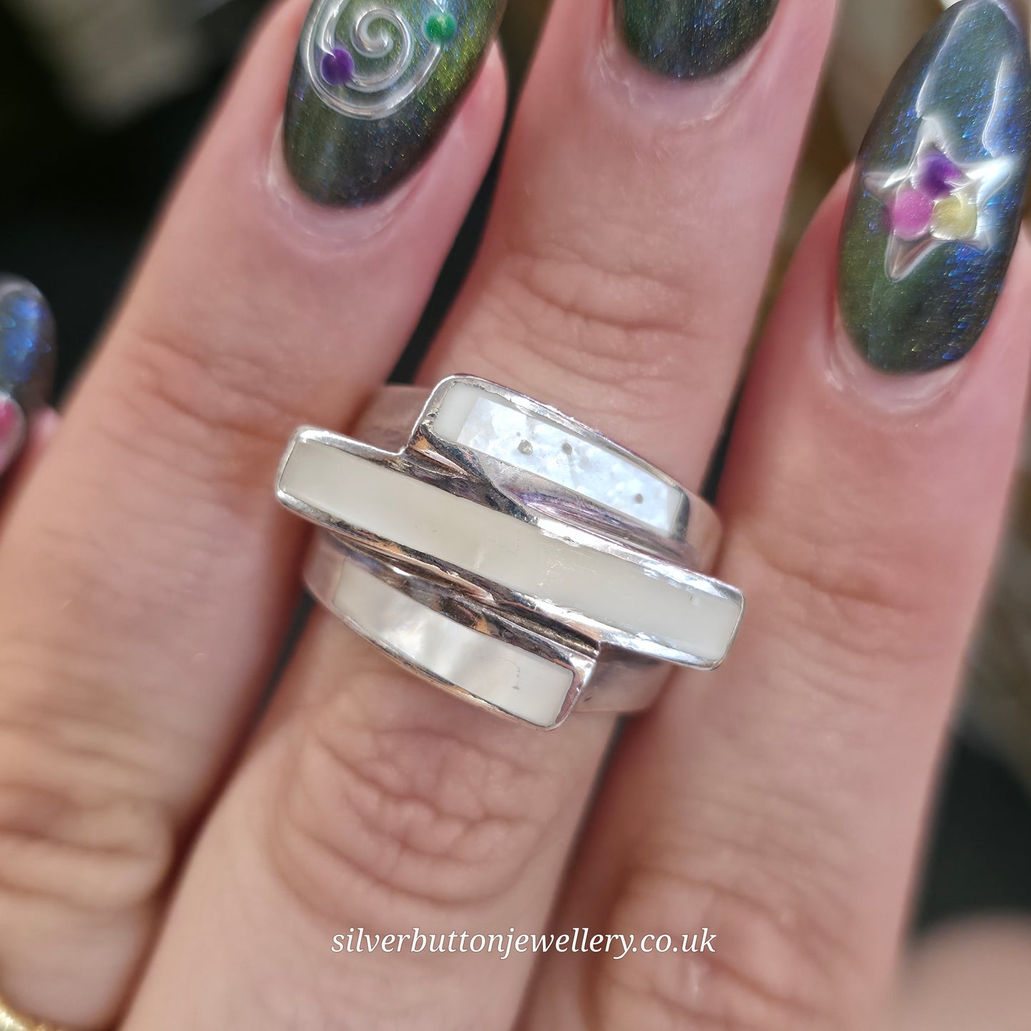 Sterling Silver Chunky Abstract Three Row Mother Of Pearl Abstract Ring