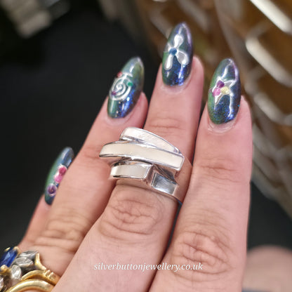 Sterling Silver Chunky Abstract Three Row Mother Of Pearl Abstract Ring