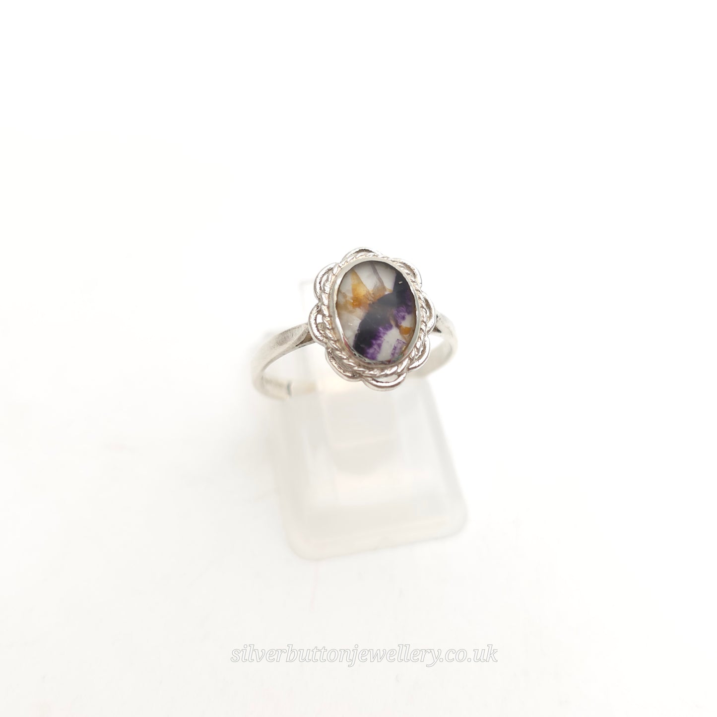 Sterling Silver Vintage Traditional Oval Blue John Filigree Edge Solitaire Ring