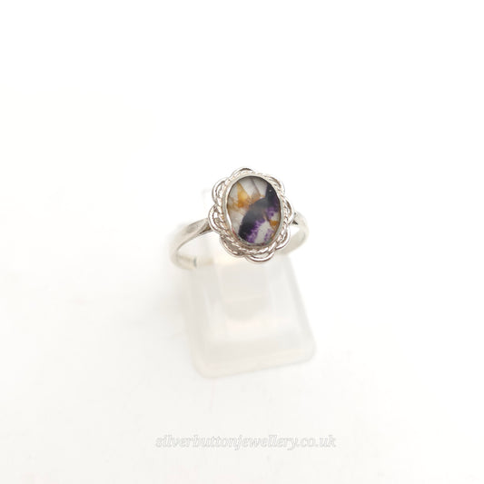 Sterling Silver Vintage Traditional Oval Blue John Filigree Edge Solitaire Ring