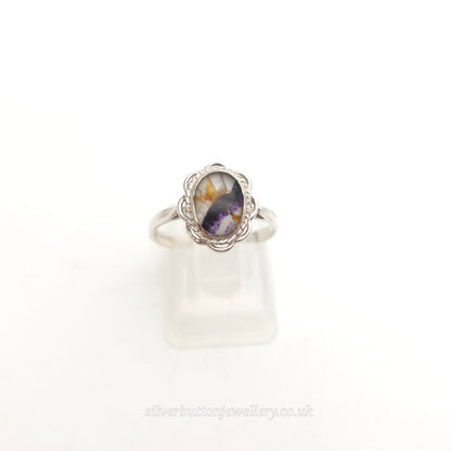 Sterling Silver Vintage Traditional Oval Blue John Filigree Edge Solitaire Ring