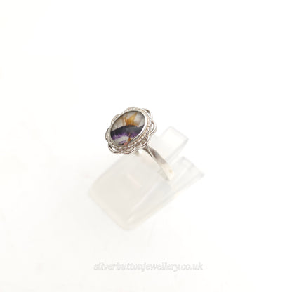 Sterling Silver Vintage Traditional Oval Blue John Filigree Edge Solitaire Ring