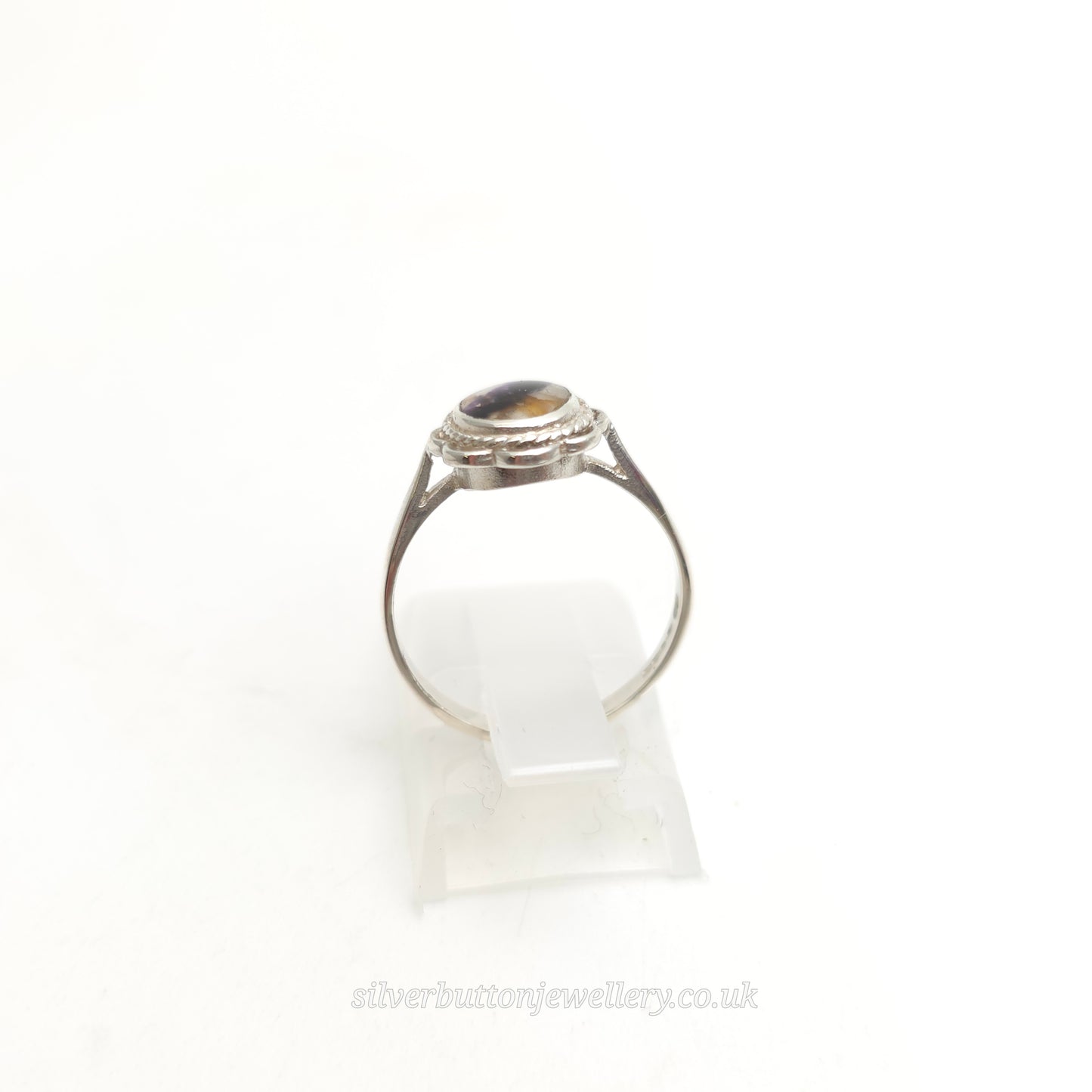 Sterling Silver Vintage Traditional Oval Blue John Filigree Edge Solitaire Ring