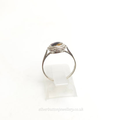 Sterling Silver Vintage Traditional Oval Blue John Filigree Edge Solitaire Ring