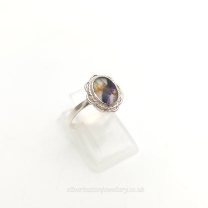 Sterling Silver Vintage Traditional Oval Blue John Filigree Edge Solitaire Ring